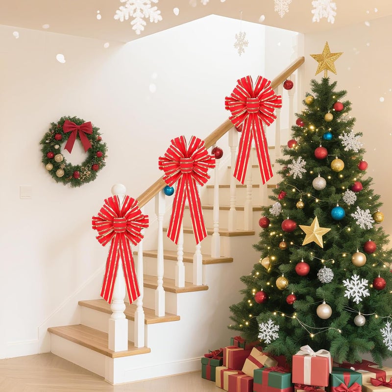 RoseCraft Red/Gold Christmas Bow, 9”x13” Large Velvet Christmas Tree Topper Bow Ornaments for Home Xmas Tree Wreath Fence Stairs Railing Fireplace Front Door Party Valentine's Day Decoration. - Image 5